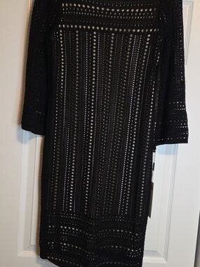 Calvin Klein Black Openwork Crochet Long-Sleeve Dress